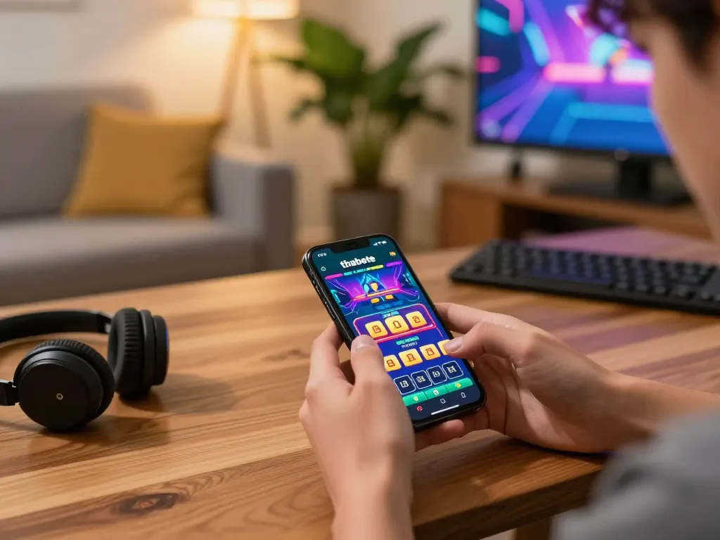 Player using thabete app on smartphone in a cozy living room during gaming session