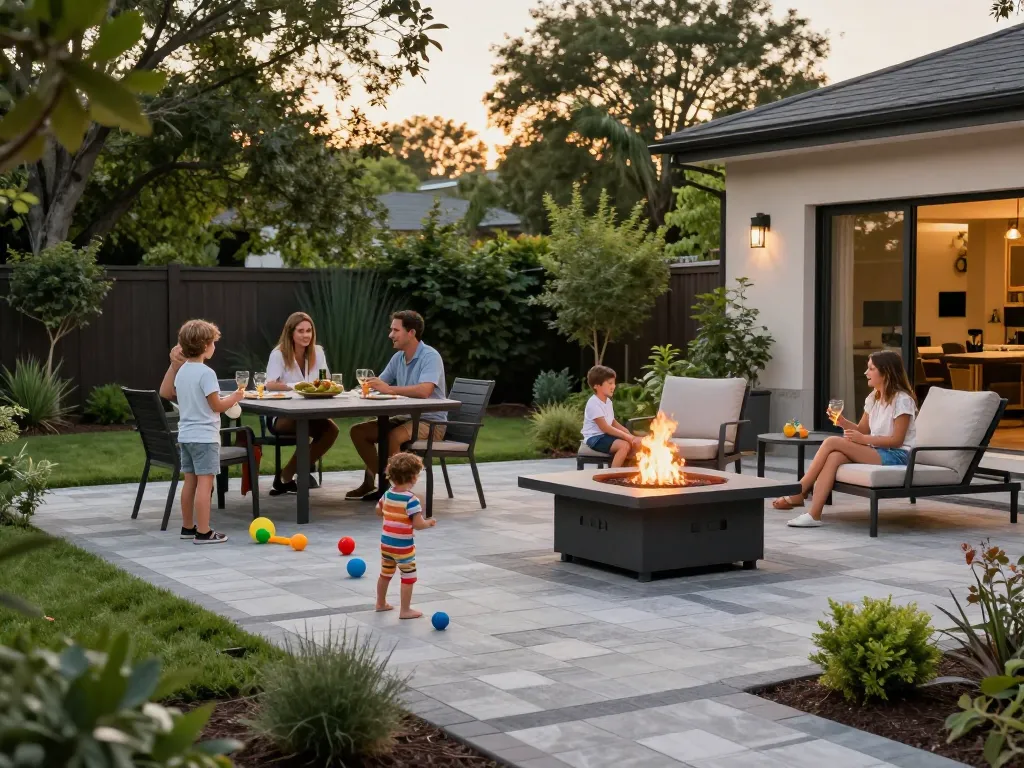 Paver patio near me with family enjoying outdoor space, vibrant landscaping and fire pit.