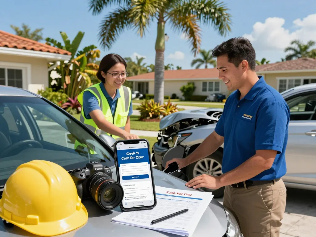 Sell junk car Fort Myers with Cash for Cars representative evaluating a crashed vehicle in sunny Florida.
