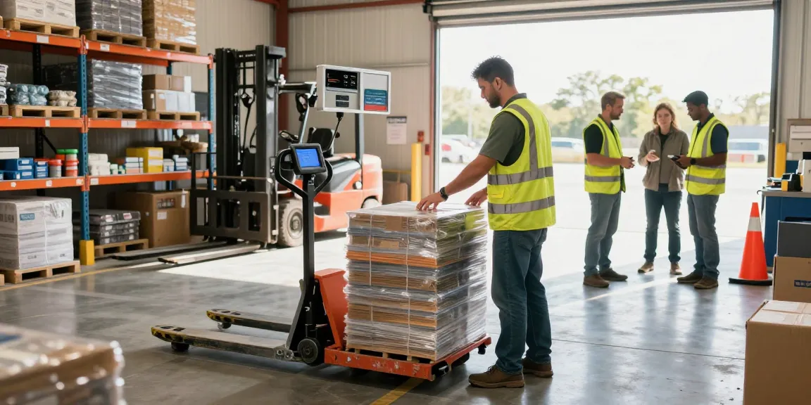 Manual pallet truck with scale in Texas weighing goods in a busy warehouse environment.