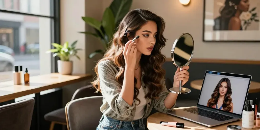 Stylish woman applying makeup while showcasing invisi edge clip in hair extensions in a chic café.