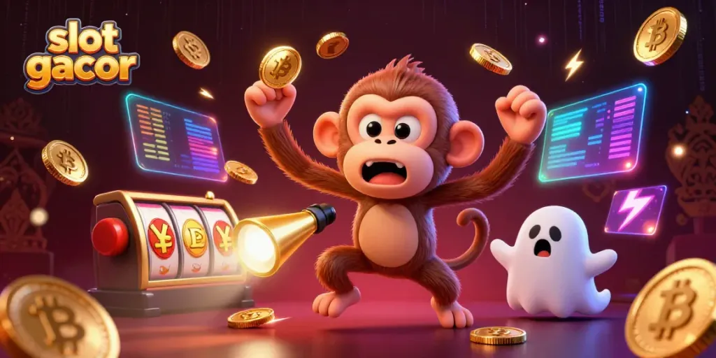 Permainan slot gacor dengan karakter kartun di kasino, penuh detail menarik.