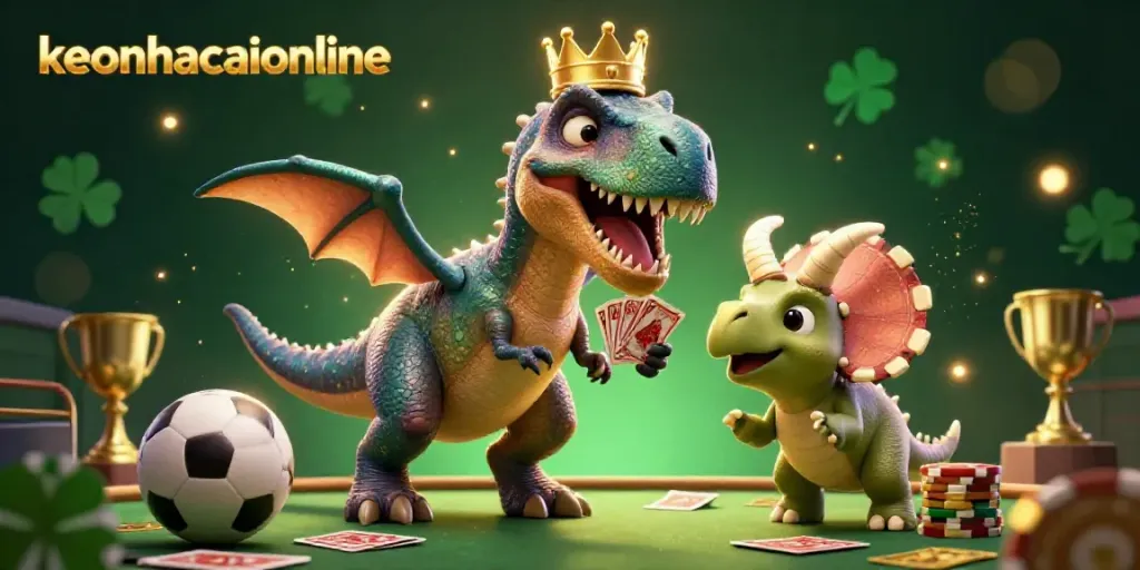Experience thrilling sports betting action with keonhacaionline, featuring a T-Rex shuffling cards and vibrant game elements.