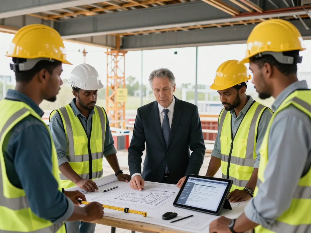 Engaged construction lawyer York Region discussing contracts at a busy construction site with a team.