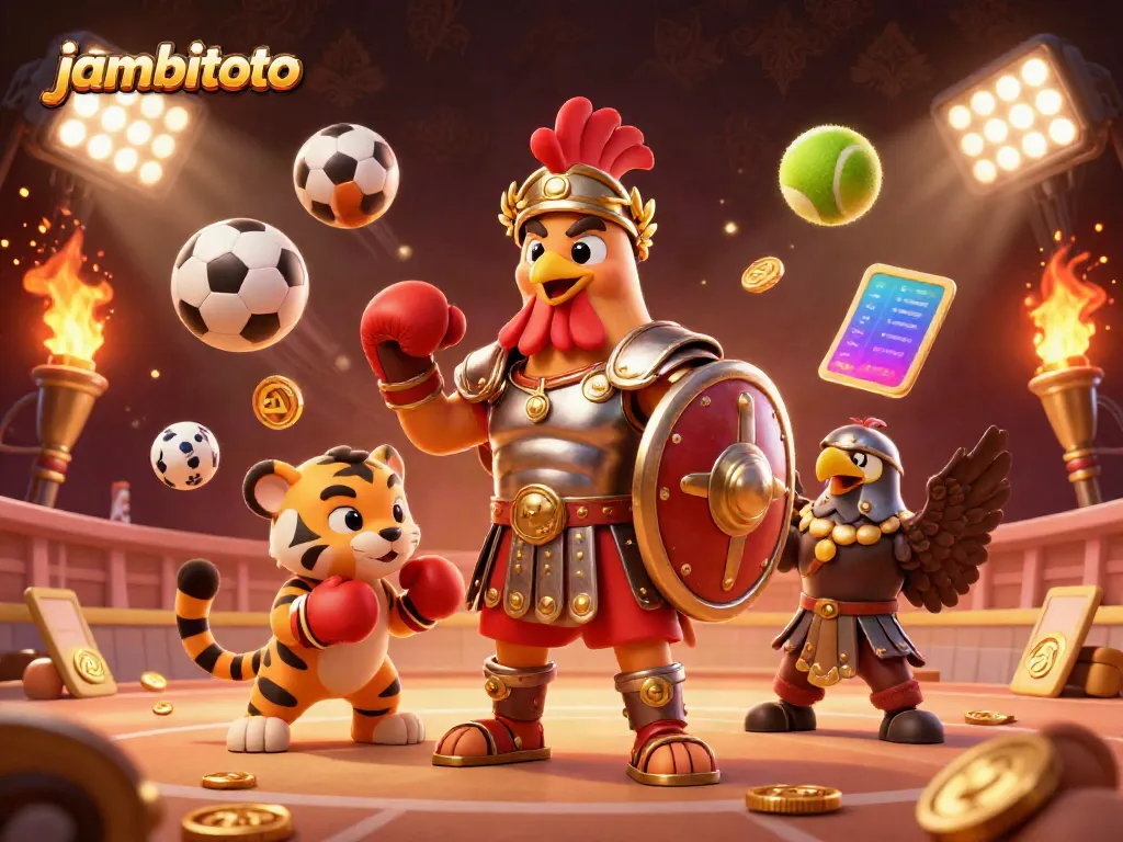 Experience thrilling excitement at jambitoto with a roaring colosseum scene featuring a gladiator rooster and dynamic gambling elements.