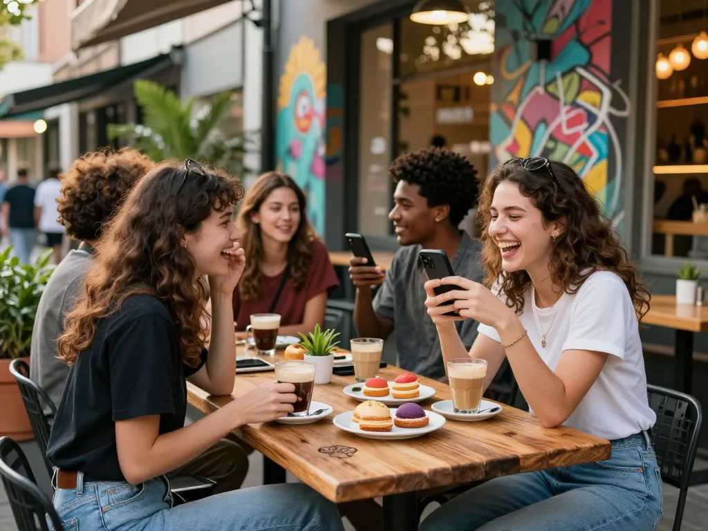 Friends sharing NSFW content on a smartphone during an outdoor café gathering, highlighting vibrant urban life.