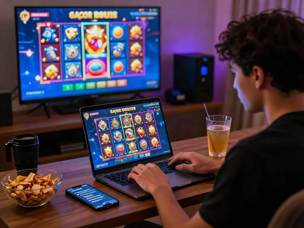 Engaging scene of a player enjoying slot gacor games on a laptop in a vibrant gaming lounge.