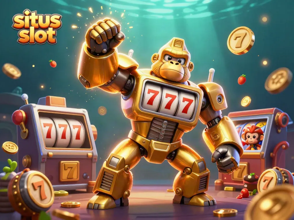 Engage with situs slot action in an exciting 3D illustration featuring a golden gorilla mech and dynamic game elements.
