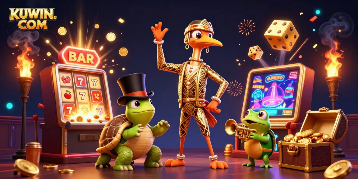 Play games at KUWIN. COM with a vibrant casino scene featuring classic characters and exciting jackpot moments.