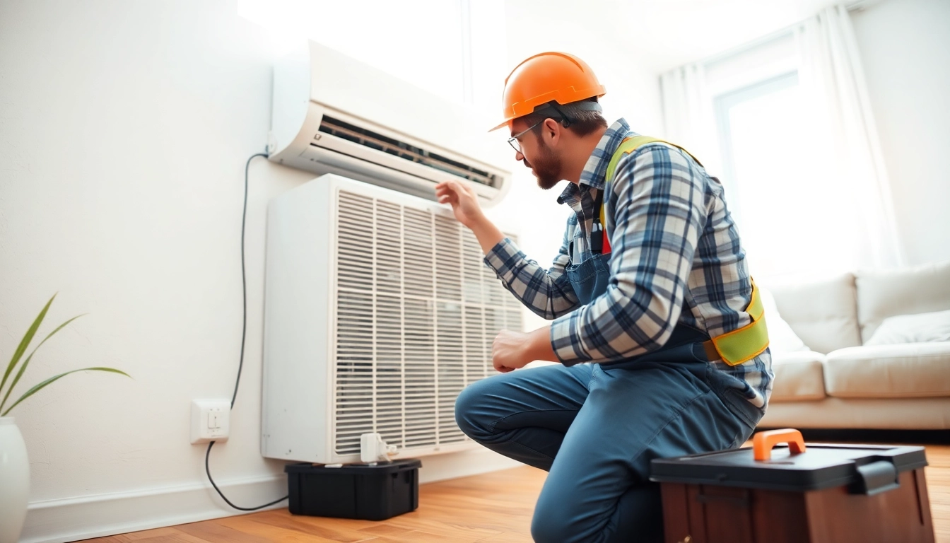 Air Conditioning Repair Tampa: Expert technician servicing an indoor AC unit in a bright living room.