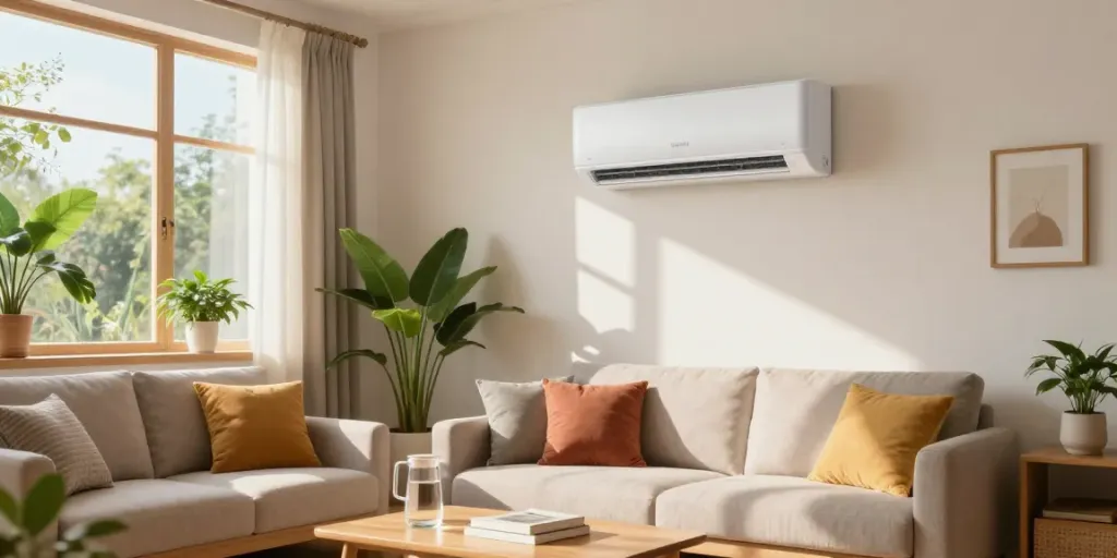 Cozy living room featuring a 2400 btu mini split air conditioner on the wall, showcasing a stylish home environment.
