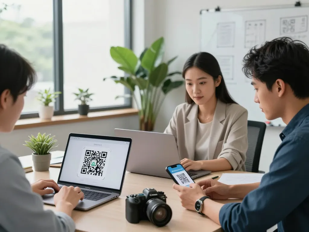 Scan QR code effortlessly in a modern workspace with professionals collaborating and using devices.