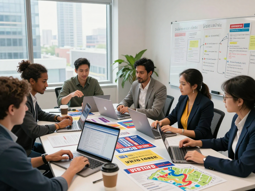 Collaborative team at a super PAC advertising agency planning political campaign strategies with data analysis.