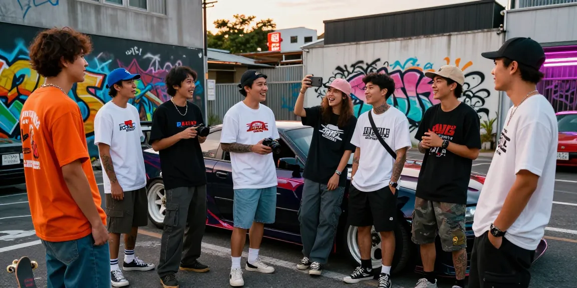 Group of friends in colorful japanese drift tshirts enjoying urban lifestyle near a JDM car.