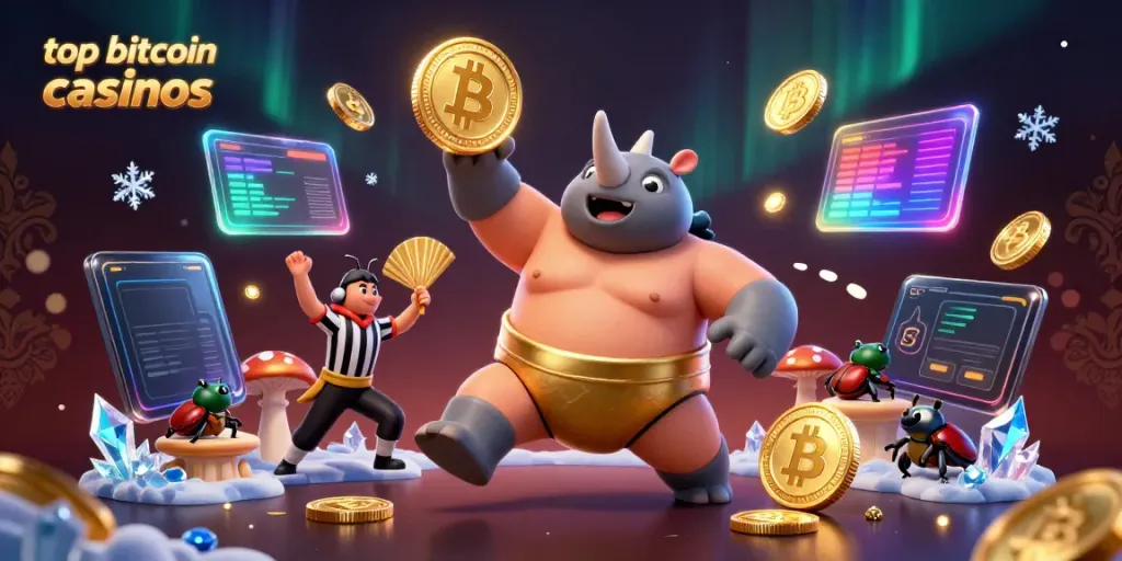 Experience excitement at top bitcoin casinos with a cartoon sumo beetle champion heralding a crypto gaming showdown.