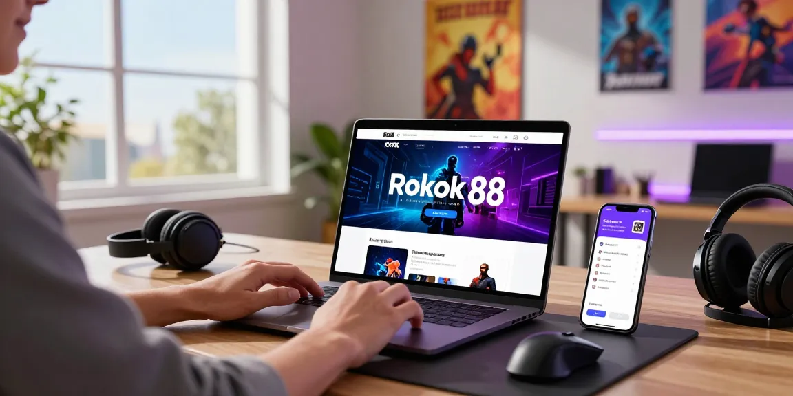 Engaging with the Rokok 88 platform on a sleek gaming laptop in a stylish home office.