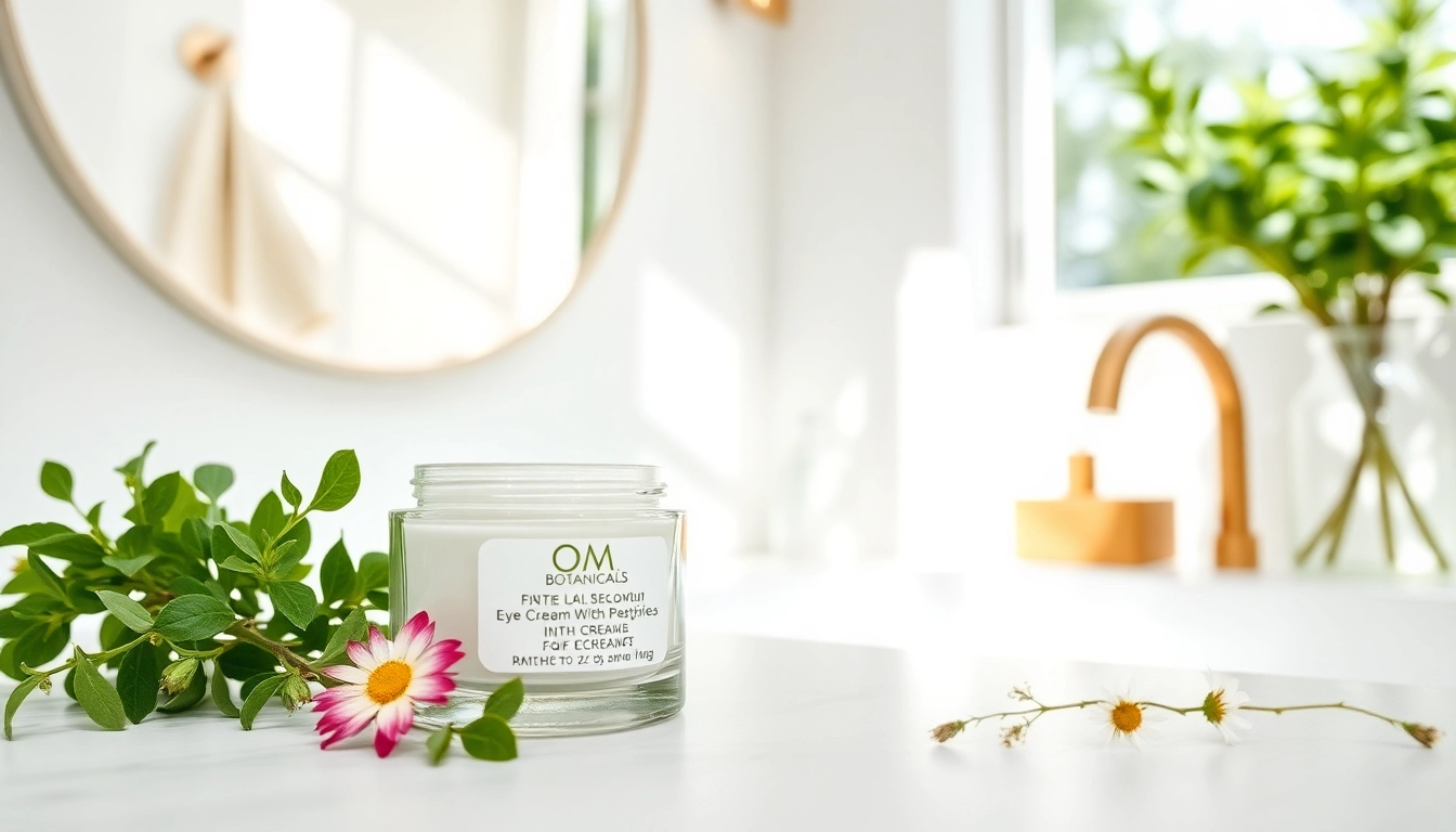 Revitalizing eye cream with peptides displayed against a serene bathroom setting filled with natural light.