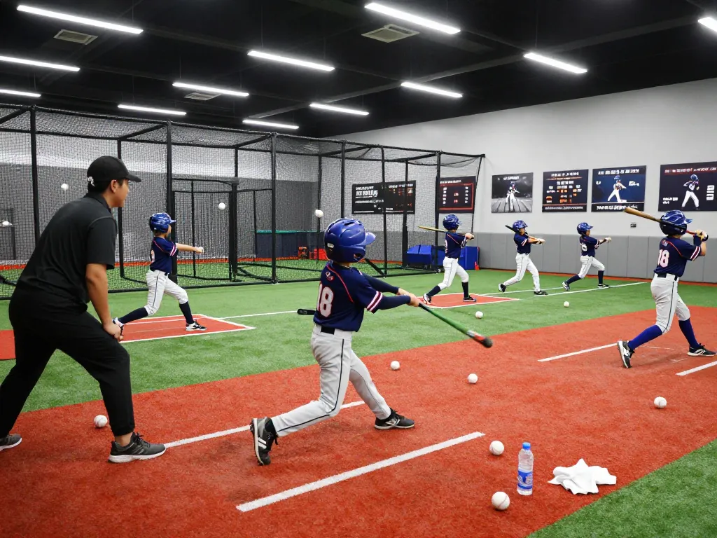 Youth athletes training at Hitclub baseball facility with coaches giving guidance.