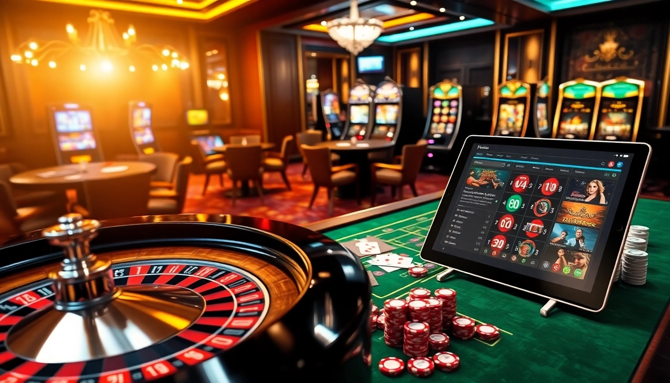 Experience thrilling casino action at https://f168.tools/ with a vibrant scene featuring roulette, poker, and slot machines.