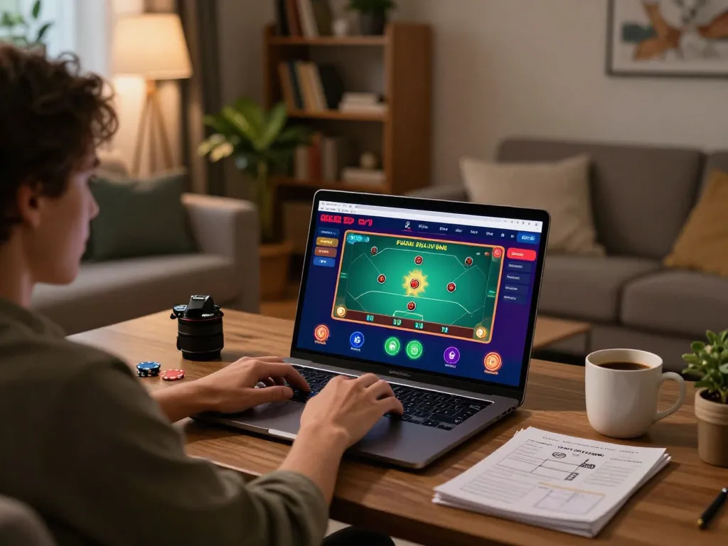 Player enjoying a poker game on Oxbet online casino with strategy notes and cozy atmosphere
