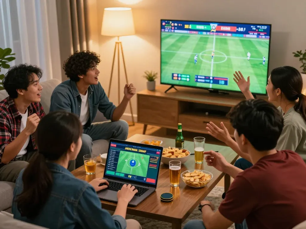 Teman-teman terlibat dalam taruhan olahraga, menggunakan laptop untuk Judi Bola saat pertandingan, suasana rumah yang hangat.