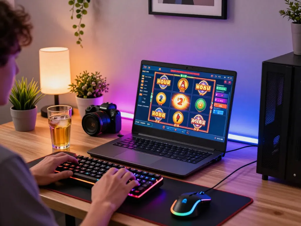 Exciting เบทฟลิก online slots gaming experience at a stylish home office with vibrant accessories and dynamic visuals.