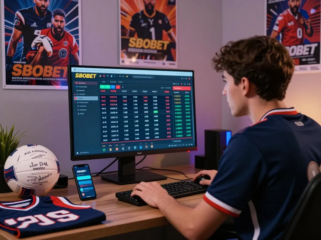 Excited sports fan engaging with SBOBET live betting platform in a vibrant room.