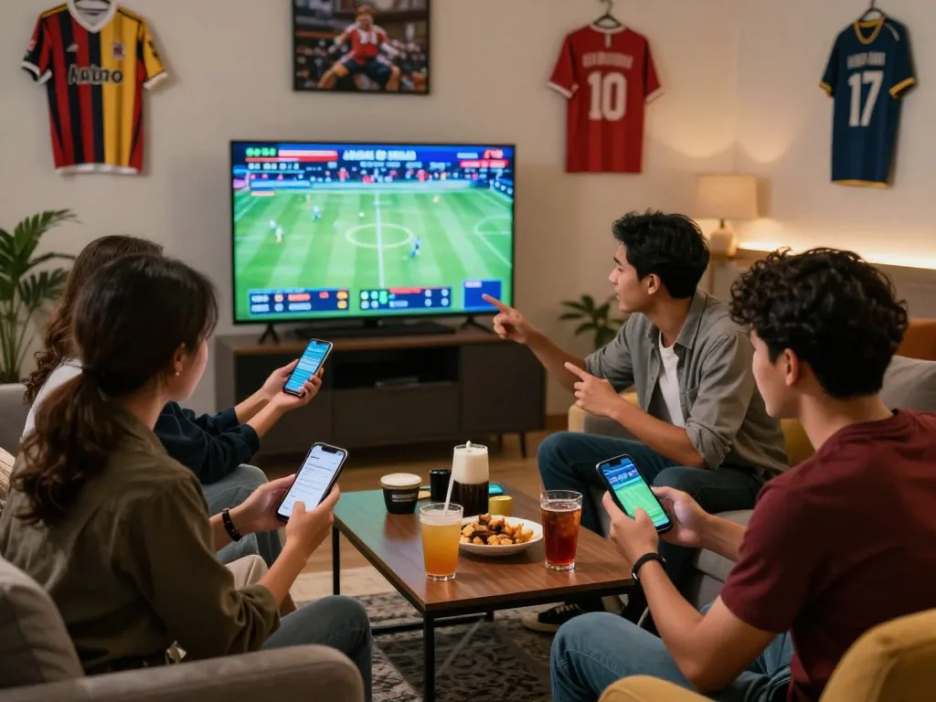 Friends enjoying Judi Bola betting in a modern lounge, discussing live match stats.