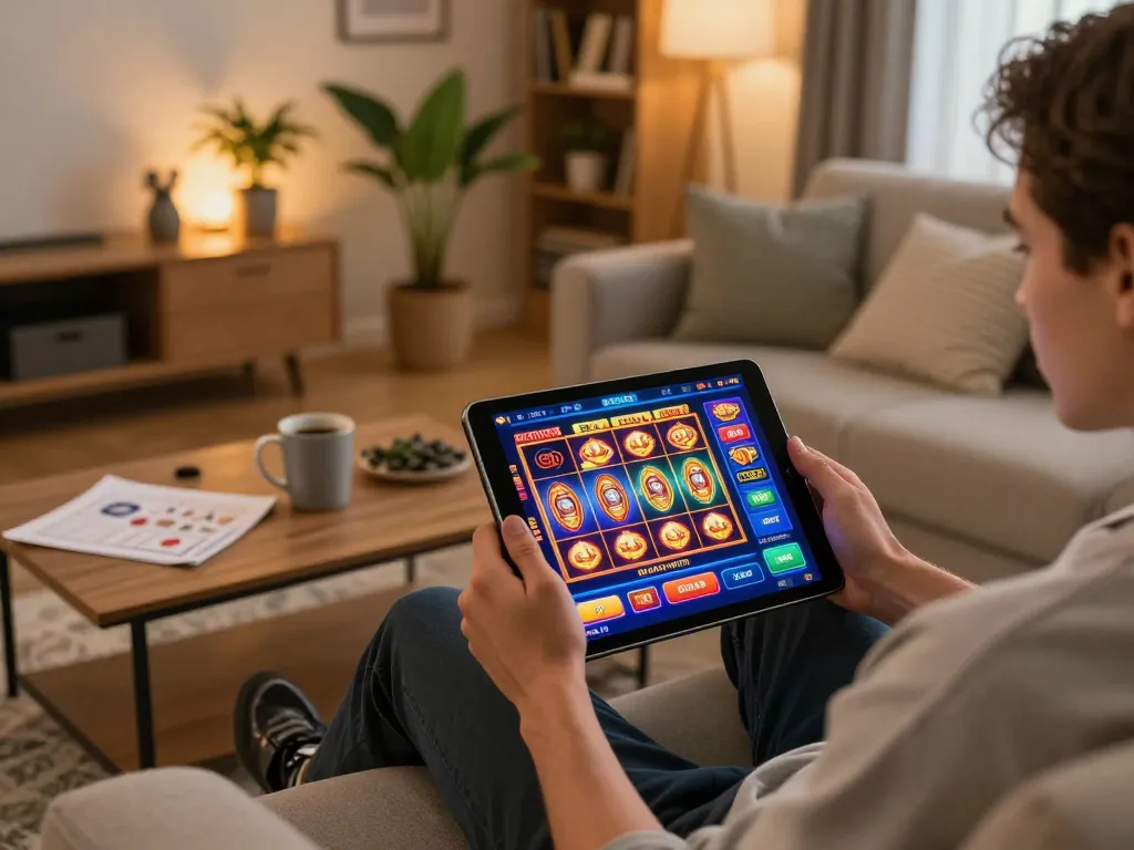 Engaging with luck8 online casino gaming on a tablet in a cozy living room.
