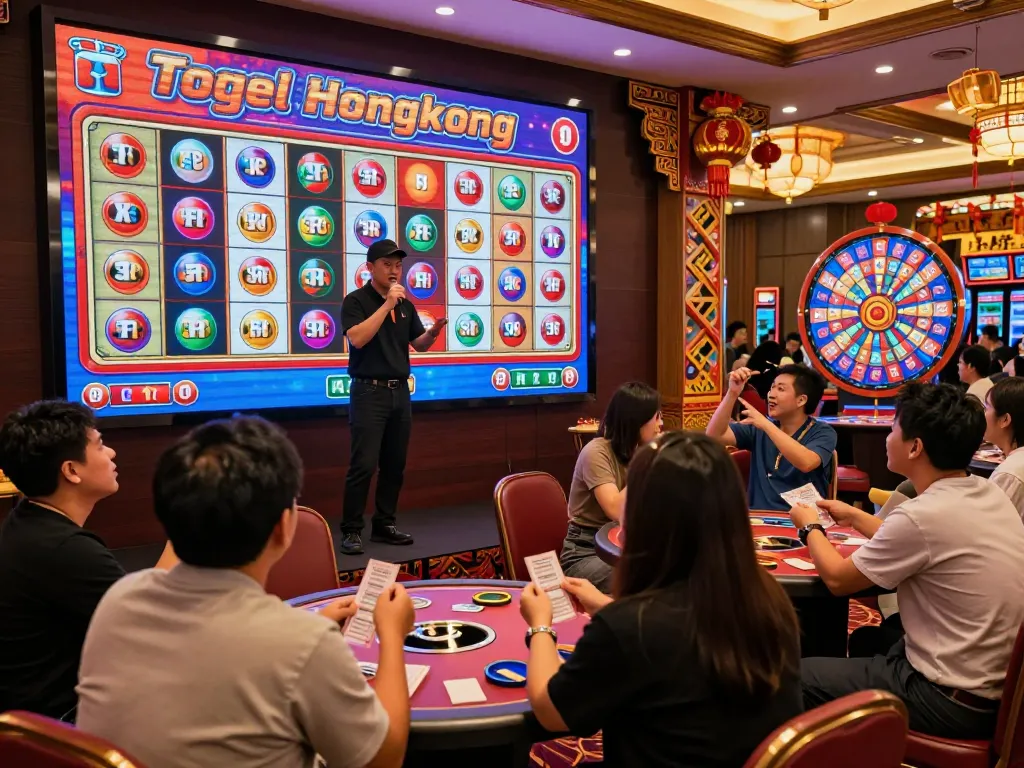 Adegan undian Togel Hongkong yang penuh semangat dan bola lotere berwarna-warni.