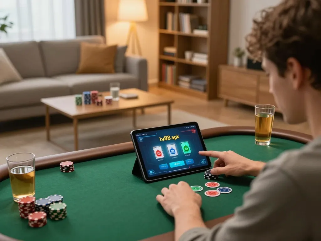 Engaging in online poker using the lv88 apk for strategic gameplay at home, cozy and inviting atmosphere.