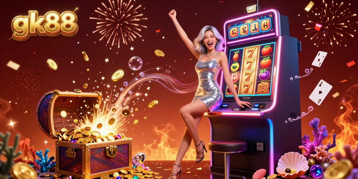 Experience the excitement of gk88 with a joyful Asian woman celebrating a jackpot amidst vibrant casino elements.