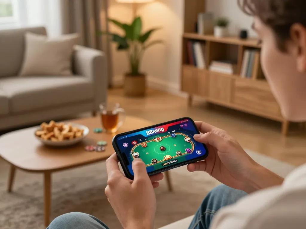 Player engaging with 88xeng mobile gaming app in a cozy living room.