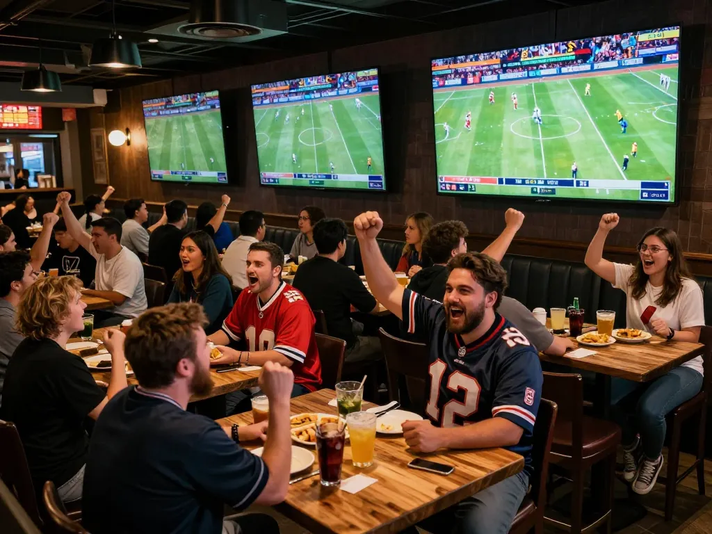 Watching truc tiep bong da at an exciting sports bar, fans cheering with drinks and snacks