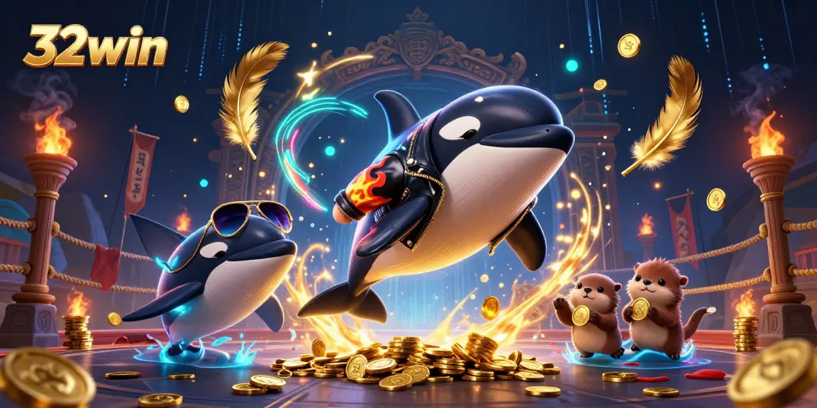 Experience 32win's thrilling gaming environment with dynamic characters and vibrant casino elements.