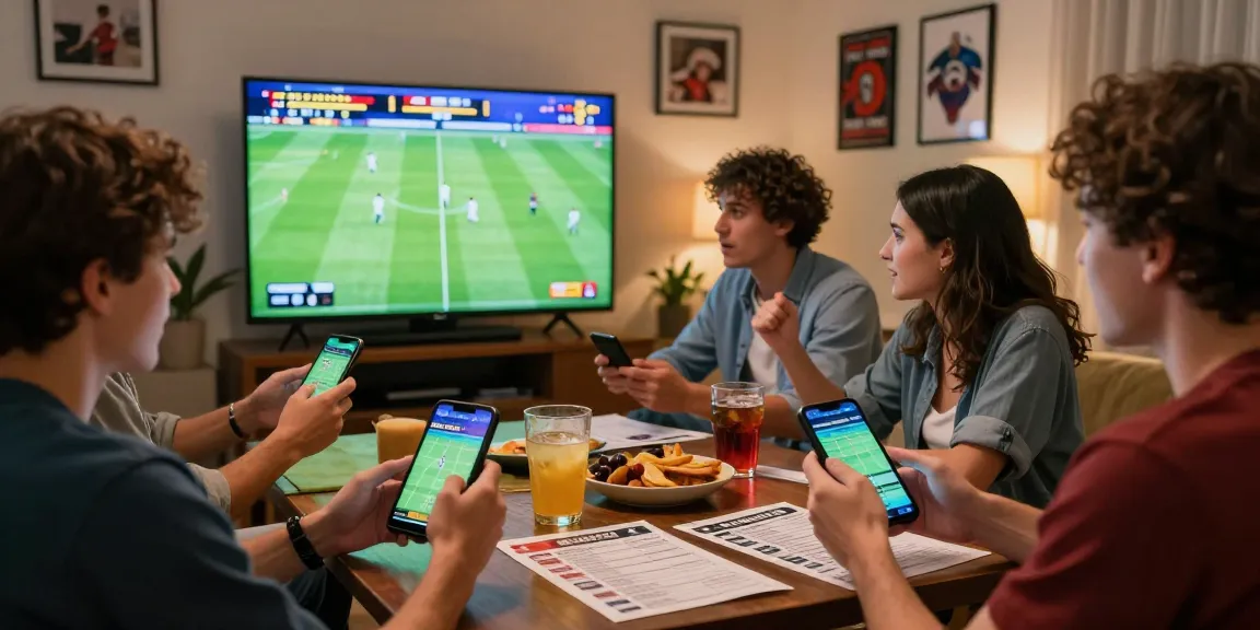 Friends enjoying sports betting on ufabet in a lively living room during a football match.
