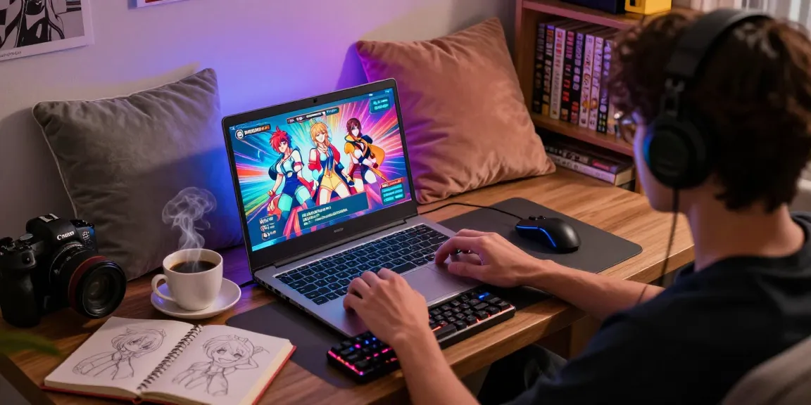 Cozy gaming setup showcasing hentaigames on a laptop with vibrant visuals.