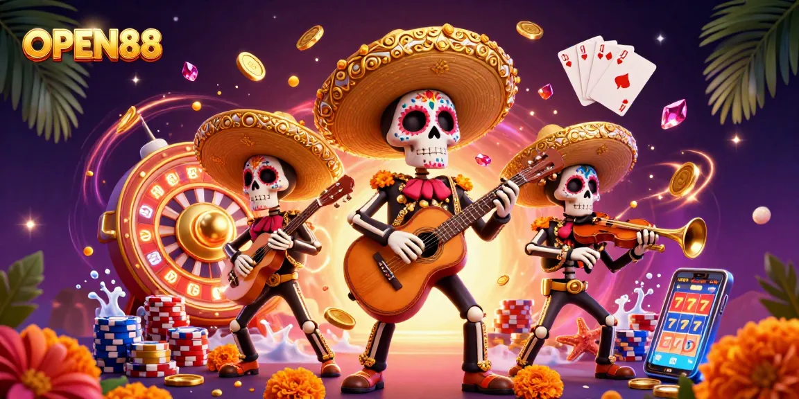 Enjoy thrilling gaming at OPEN88 with vibrant mariachi skeletons celebrating in a rich 3D casino scene.