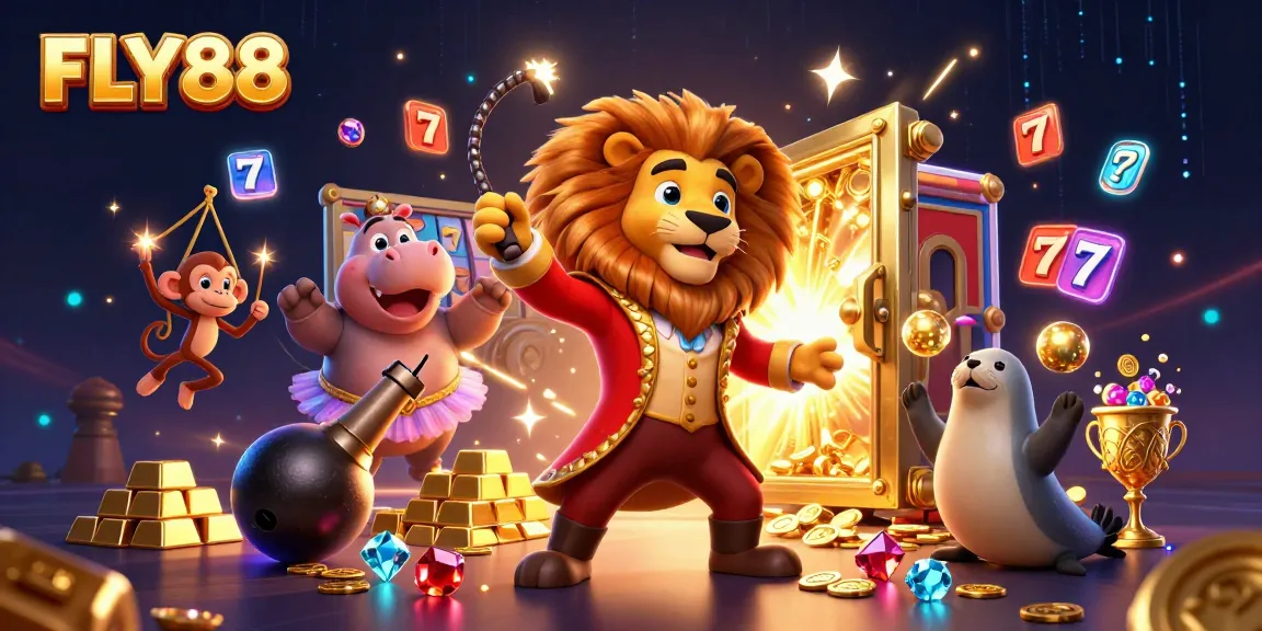 Experience the thrill of FLY88 with this vibrant 3D casino illustration showcasing exciting games and dynamic characters.