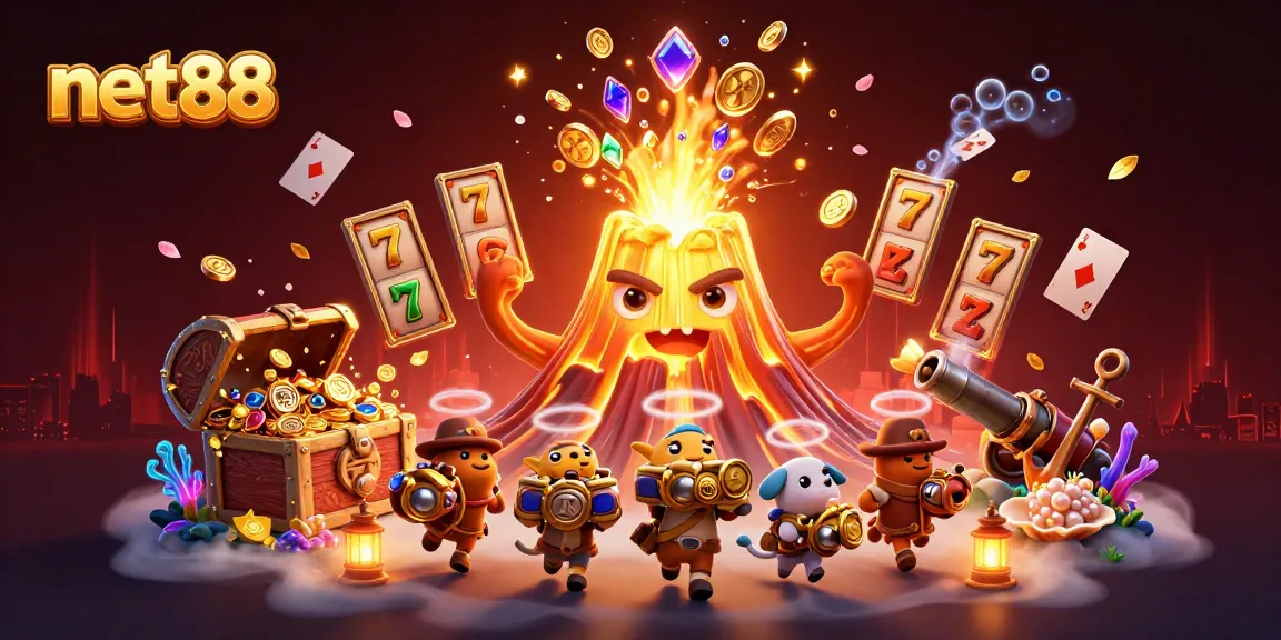 Experience thrilling wins with net88 as a golden volcano erupts treasure in this vibrant casino scene.