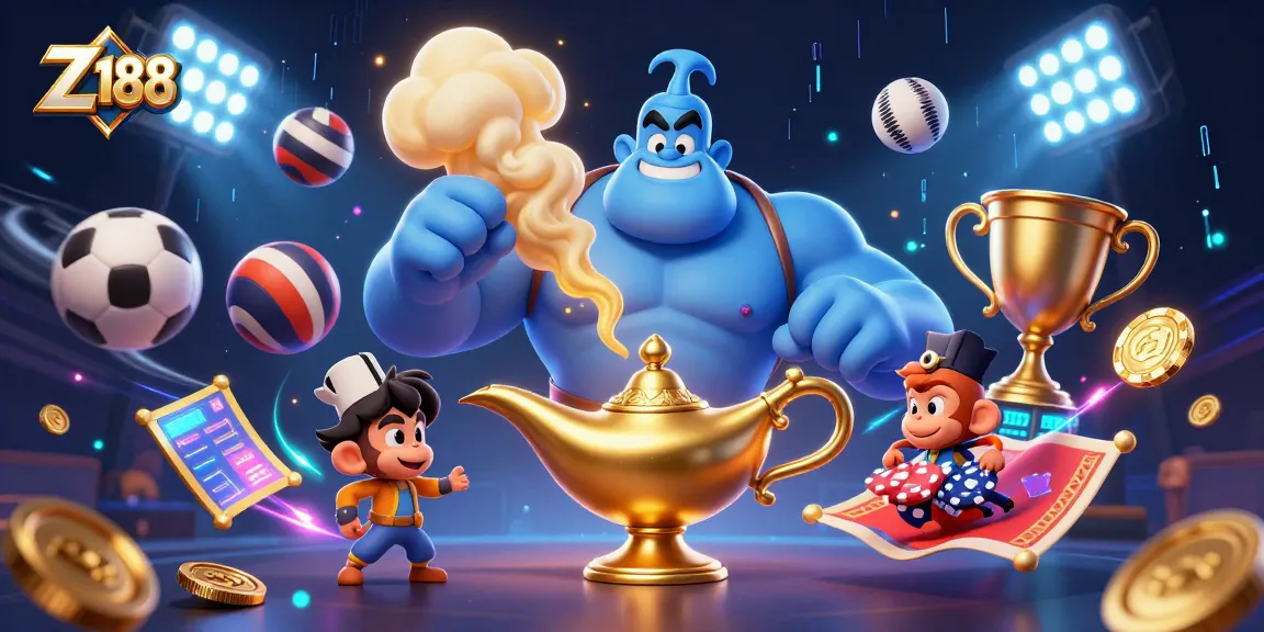 Experience Z 188's dynamic casino action with a genie, poker chips, and sports elements