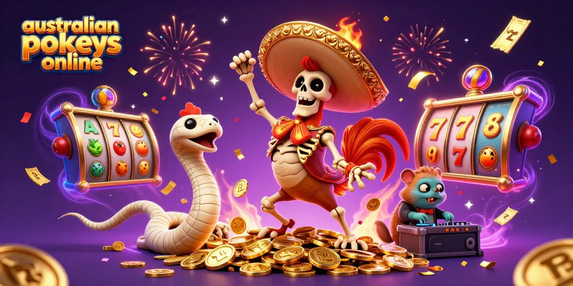 Experience the thrill of australian pokies online with a festive 3D casino scene of playful characters.